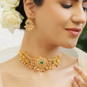 22K Gold-Plated Green Kundan & White Cubic Zirconia Choker Set with Pearl Beads