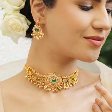 22K Gold-Plated Green Kundan & White Cubic Zirconia Choker Set with Pearl Beads