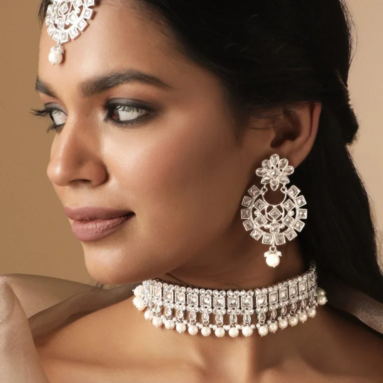 Rhodium Plated Reverse AD & Pearl beaded Choker Set