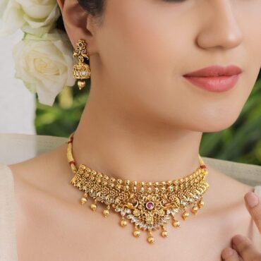 18K Gold-Plated Brass Ruby, Green & White Stone Peacock-Floral Choker Necklace Set