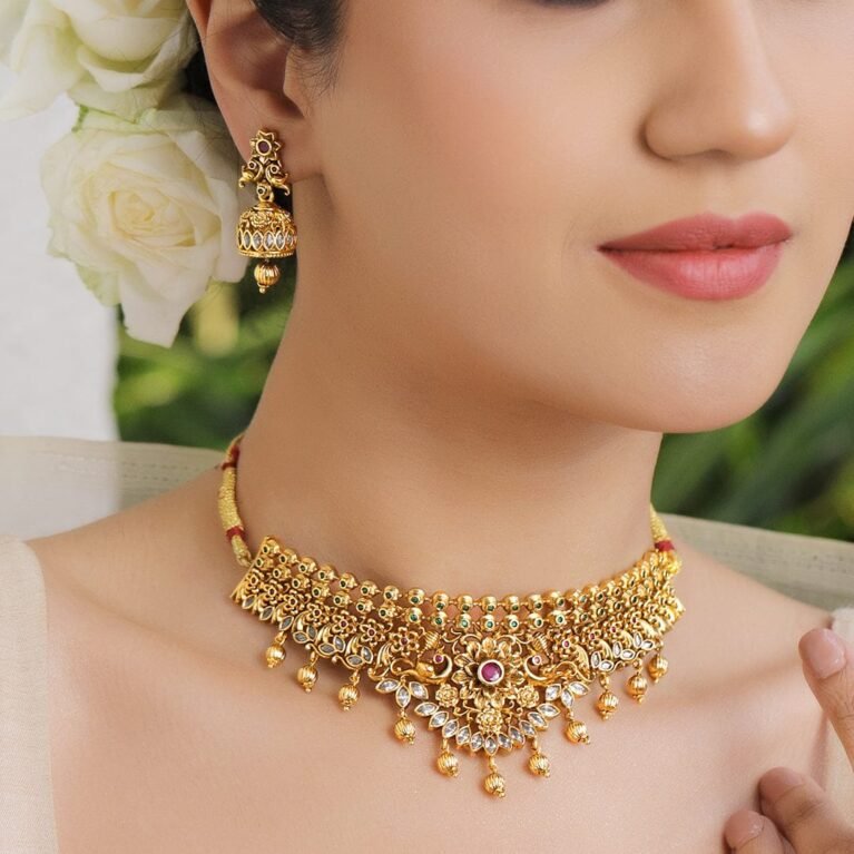 18K Gold-Plated Brass Ruby, Green & White Stone Peacock-Floral Choker Necklace Set