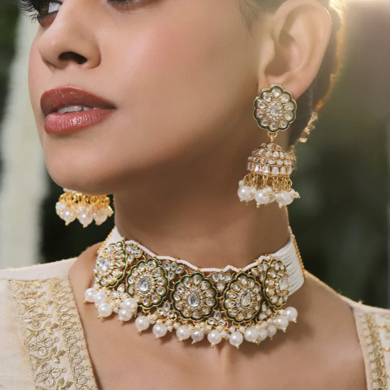 22K Gold-Plated Brass White Kundan, Cubic Zirconia & Pearl Beaded Floral Choker Necklace Set
