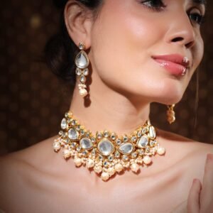 22K Gold-Plated Glossy Pearl Beaded Kundan Handcrafted Choker Necklace Set