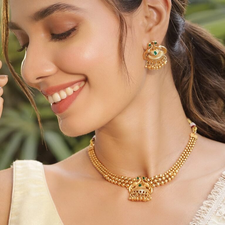 22K Gold-Plated Green Stone & Gold Beaded Peacock Design Traditional Necklace Set